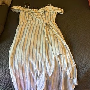 Promesa white and blue striped maxi dress, size large, leg cut-out.
